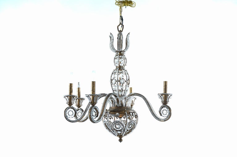 Italian Venetian Style Cut Crystal, Bead Glass & Gilt Metal Six Light Chandelier