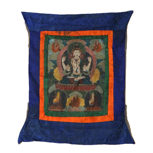 Antique Tibetan Hand Painted Silk and Canvas Thangka with Figures C1920