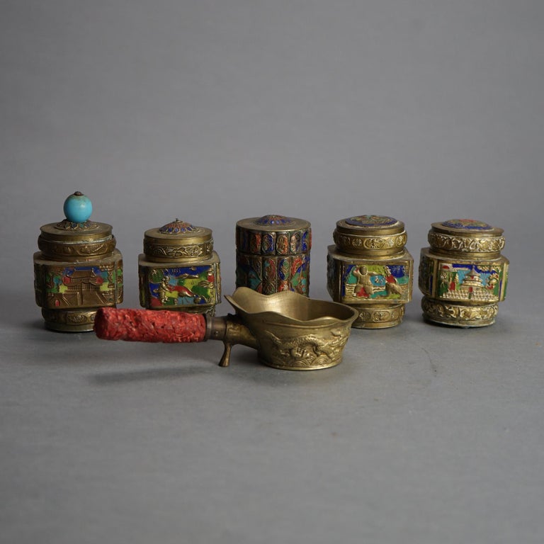 Six Antique Chinese Bronze and Enameled Scent Jars C1920