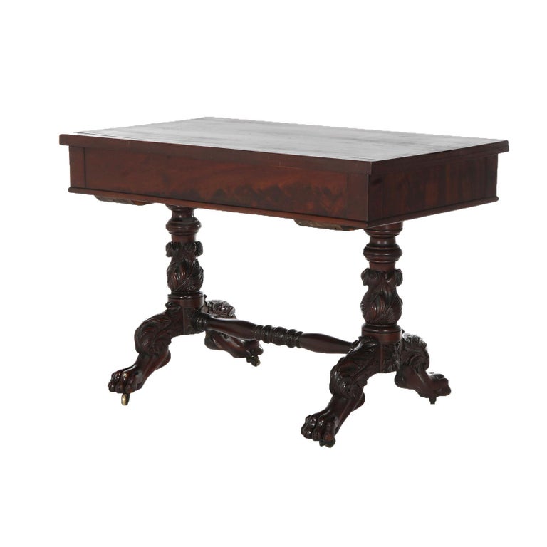 Antique American Empire Flame Mahogany Sofa Table, Carved Acanthus & Paws, C1840