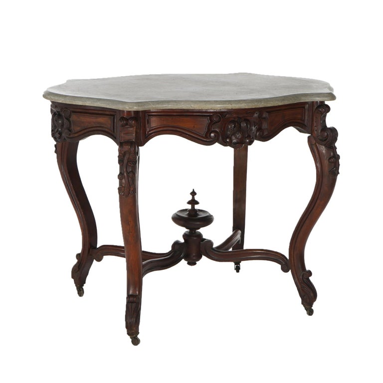 Antique Victorian Rococo Carved Walnut & Marble Top Parlor Table C1800