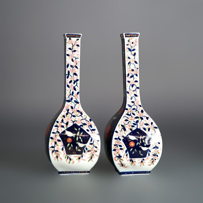Pair of Antique Dresden Floral Decorated Porcelain Bottle Vases with Birds C1890
