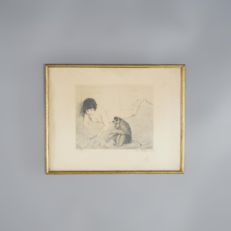 Antique French PE Felix Colored Lithograph of a Nude Playing Cards with a Monkey