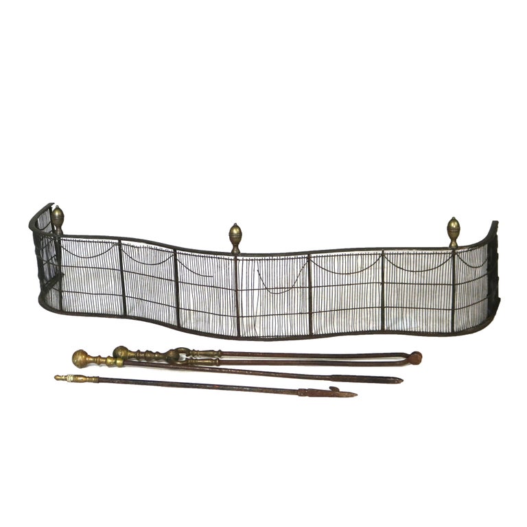 Antique Federal Brass & Wire Fireplace Fender & Three Piece Tool Set C1810