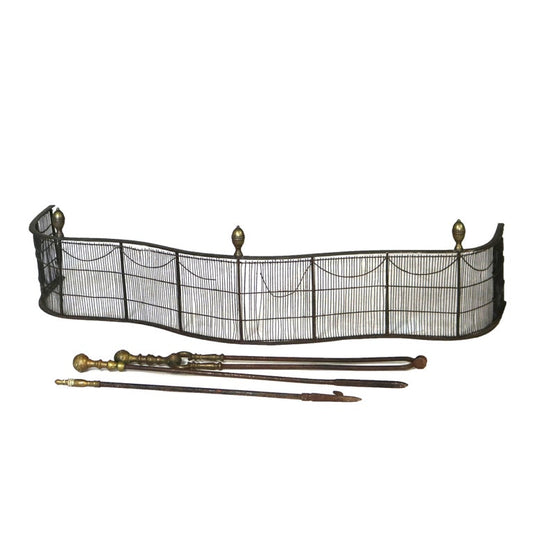 Antique Federal Brass & Wire Fireplace Fender & Three Piece Tool Set C1810