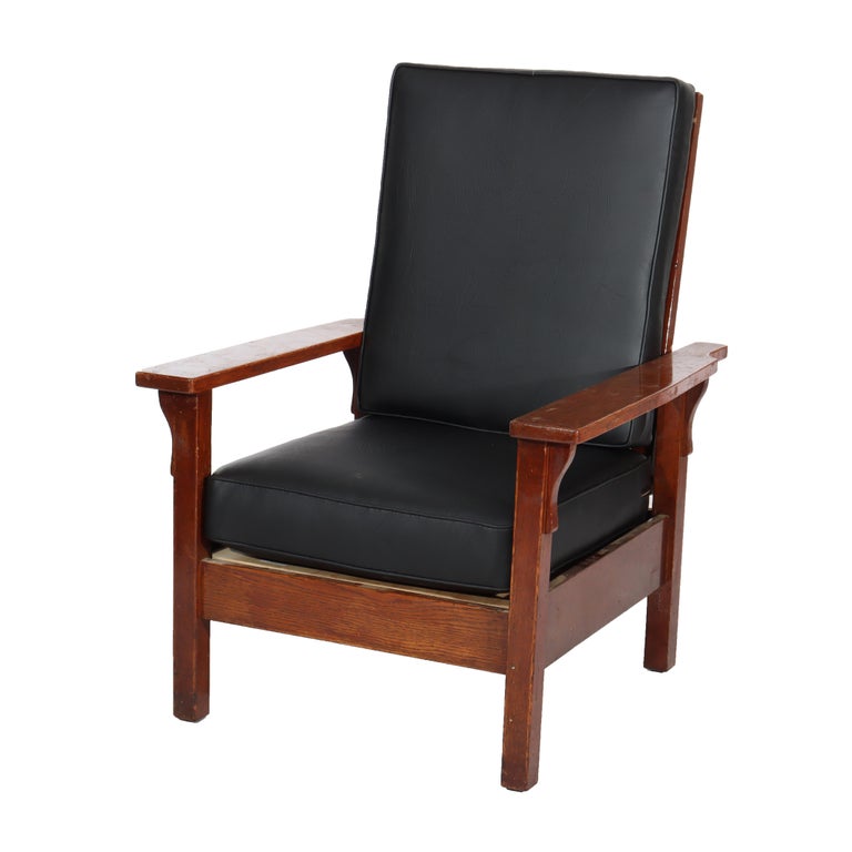 Pair Antique Gustav Stickley Arts & Crafts Mission Oak Morris Chair Signed c1910