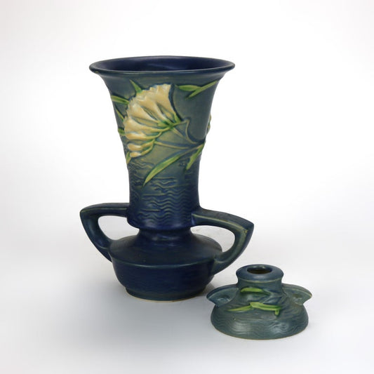 Two Blue Roseville Art Pottery Vase and Candleholder Mid 20thC