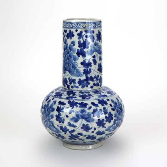 Antique Asian Blue & White Porcelain Bottle Vase Signed C1930