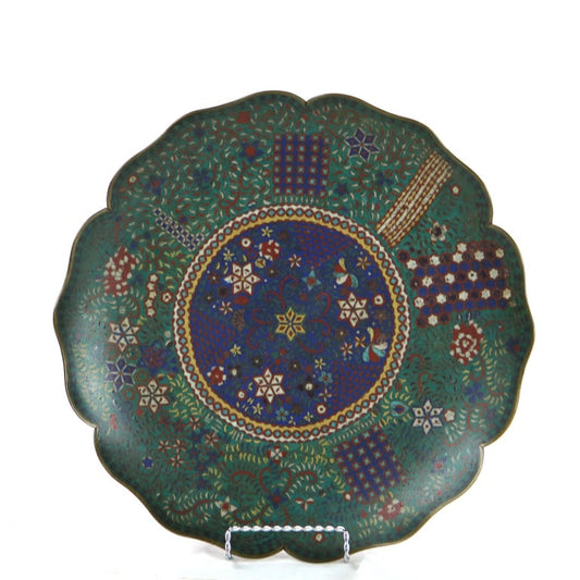 Antique Japanese Cloisonne Scalloped Edge Charger with Geometric Floral Design