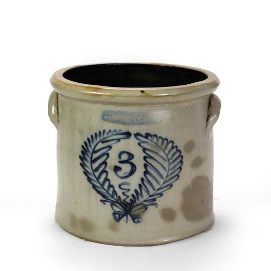 Antique 3 Gallon Blue Decorated Stoneware Crock Laurel Wreath Pattern c1870