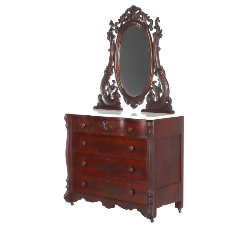 Antique Belter School Rococo Revival Carved Flame Mahogany Mirrored Dresser