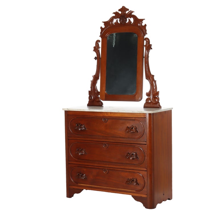 Antique Renaissance Revival Walnut 3-Drawer Marble Top Chest c1890