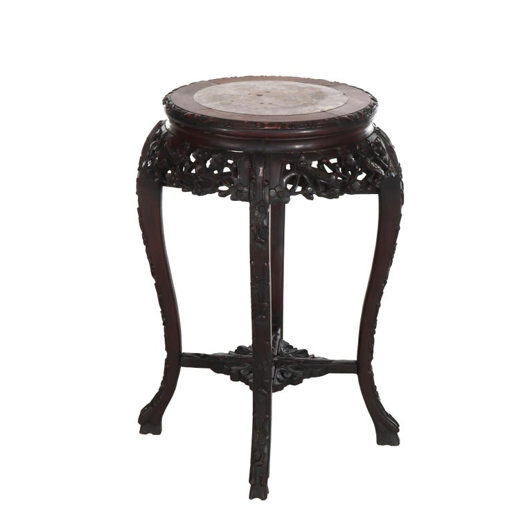 Antique Chinese Floral Carved Rosewood Rouge Marble Top Stand c1910