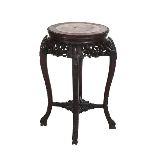 Antique Chinese Floral Carved Rosewood Rouge Marble Top Stand c1910