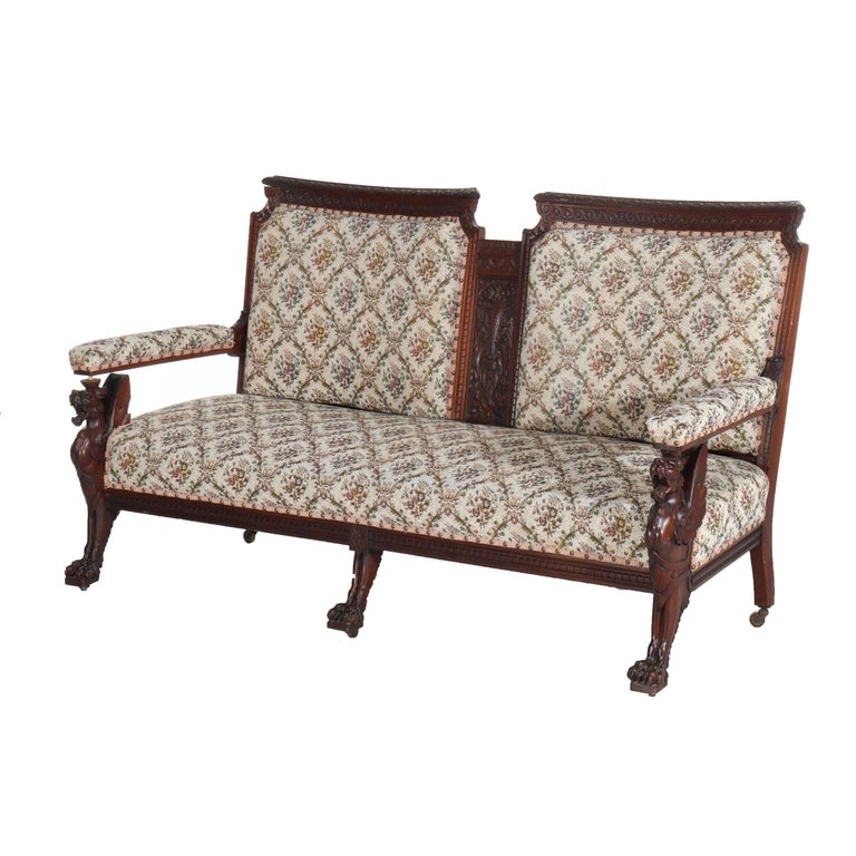 Antique Horner Figural Carved Mahogany Splayed Leg Tapestry & Griffin Sofa c1900