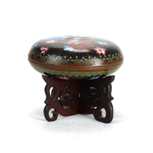 Antique Chinese Cloisonne Enameled Dresser Box With Wooded Stand c1890