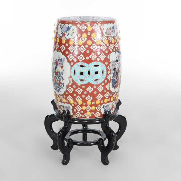 Vintage Chinese Floral & Genre Scene Pottery Garden Seat With Carved Wood Base