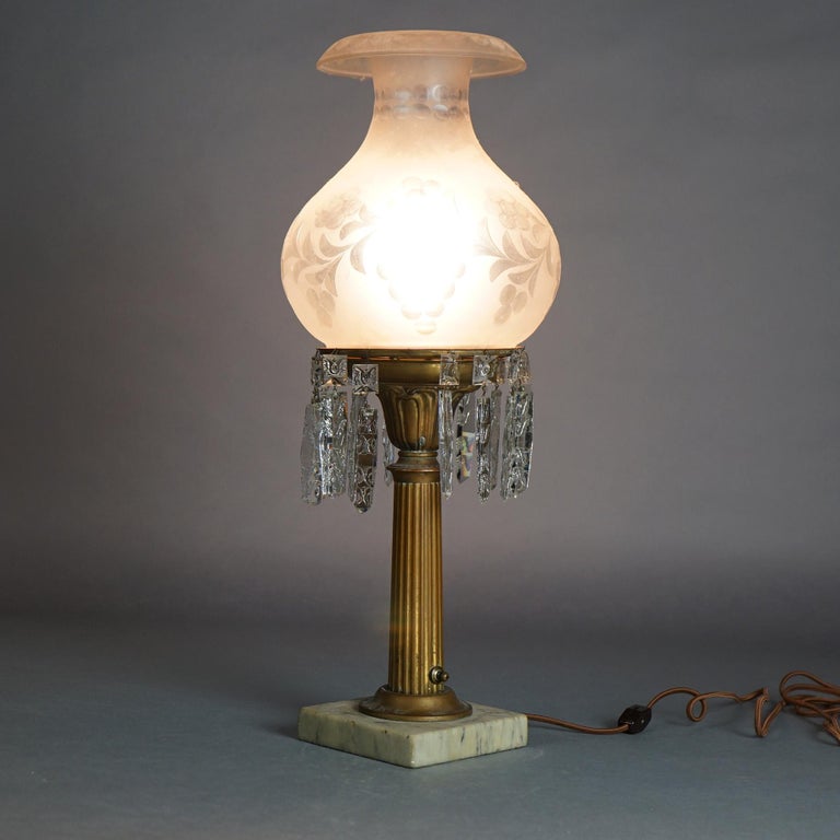 Antique Argand Sinumbra Bronze & Brass Solar Lamp with Opalescent Glass Shade