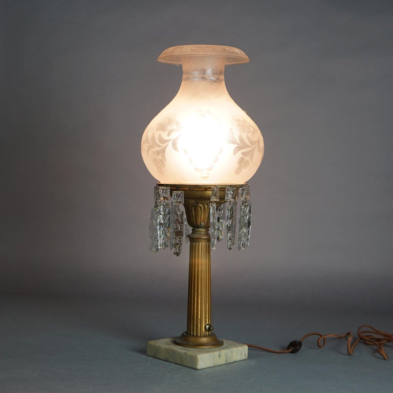 Antique Argand Sinumbra Bronze & Brass Solar Lamp with Opalescent Glass Shade