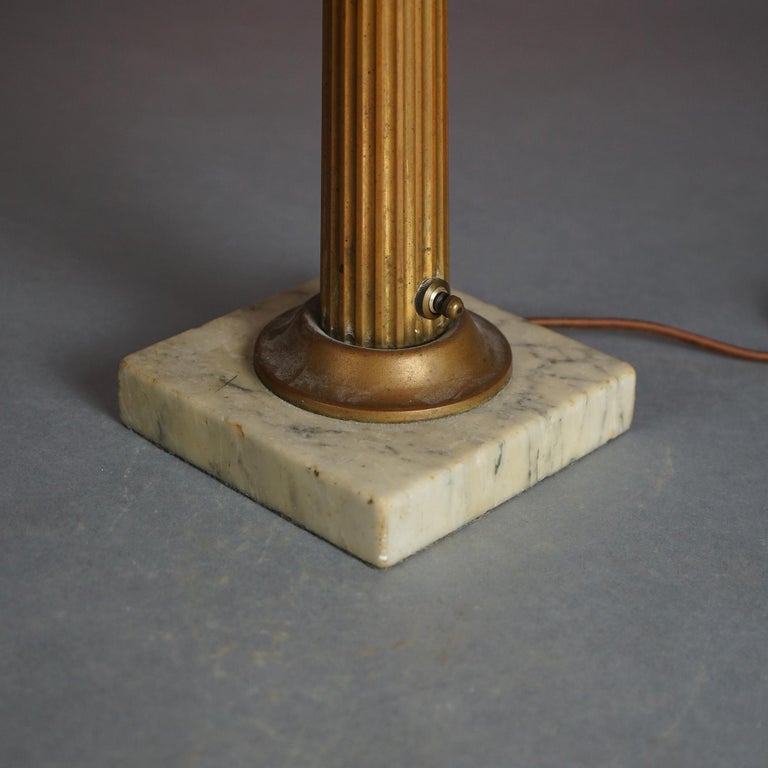 Antique Argand Sinumbra Bronze & Brass Solar Lamp with Opalescent Glass Shade