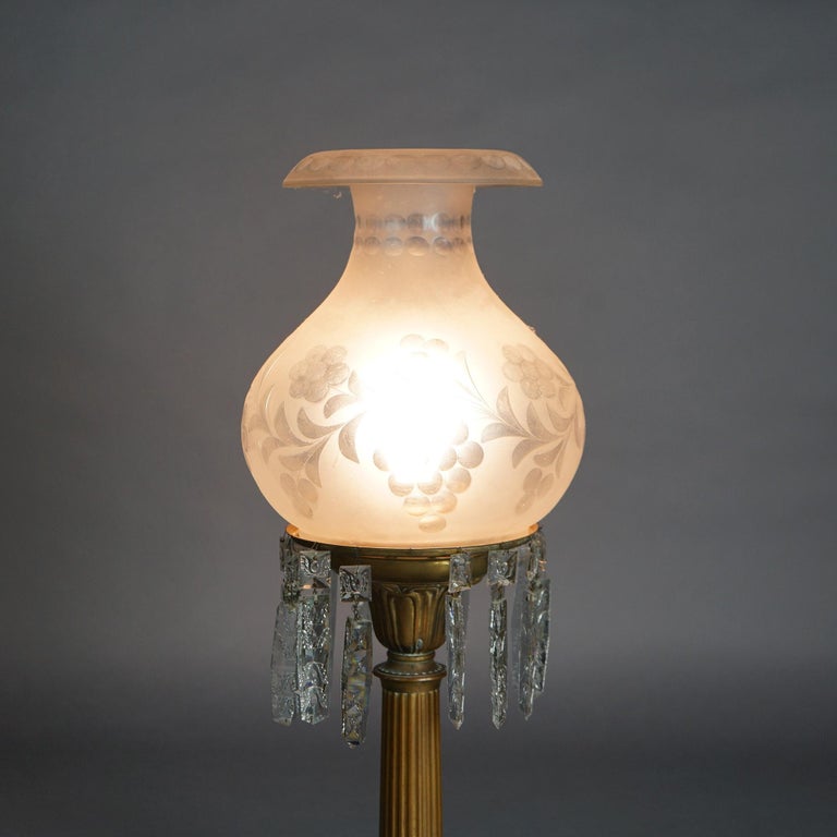 Antique Argand Sinumbra Bronze & Brass Solar Lamp with Opalescent Glass Shade