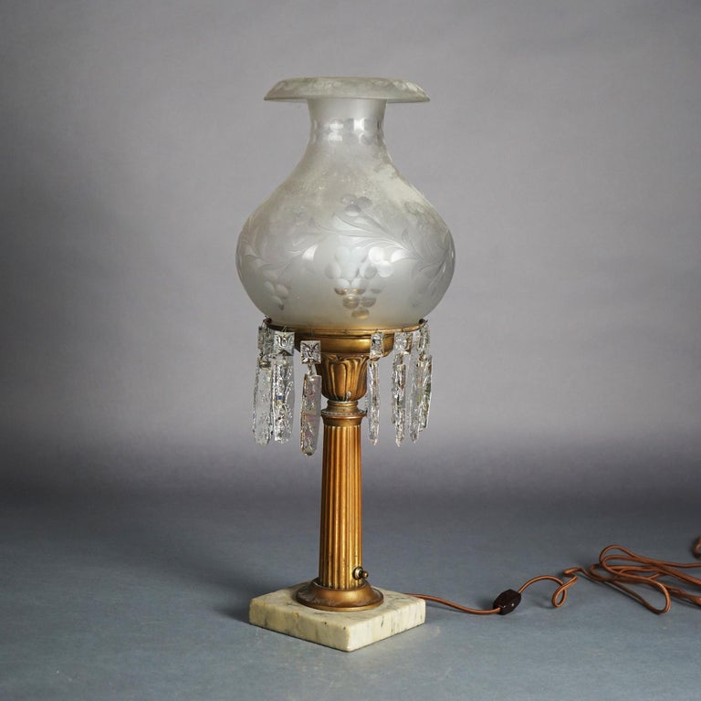 Antique Argand Sinumbra Bronze & Brass Solar Lamp with Opalescent Glass Shade