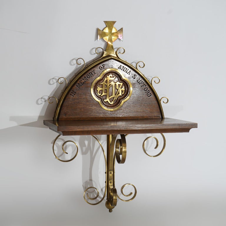 Antique Gothic Oak & Brass Communion Shelf 19thC