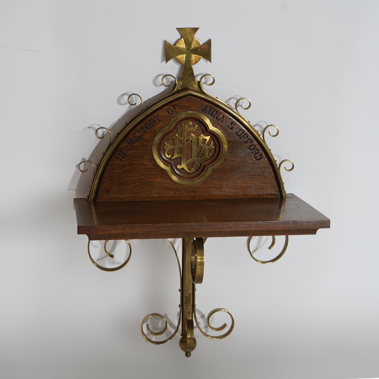 Antique Gothic Oak & Brass Communion Shelf 19thC