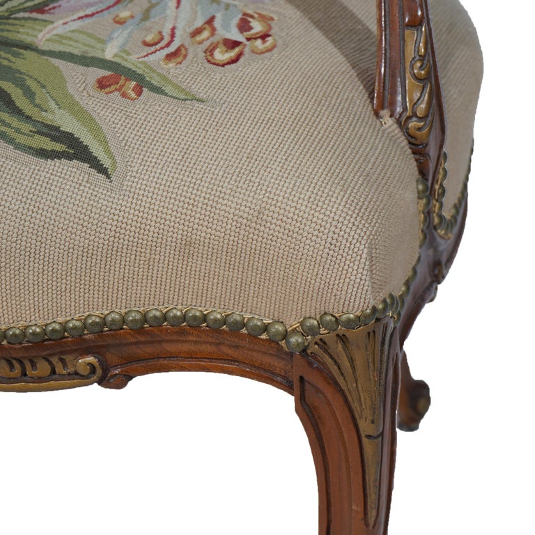 Antique French Rococo Style Parcel Gilt Mahogany, Tapestry Bergere Chair C1920