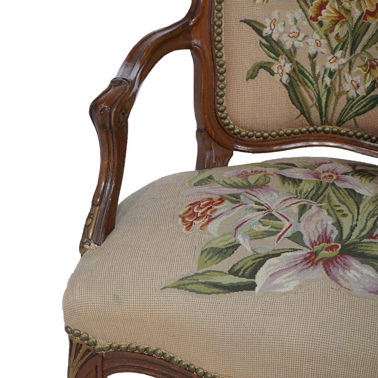 Antique French Rococo Style Parcel Gilt Mahogany, Tapestry Bergere Chair C1920
