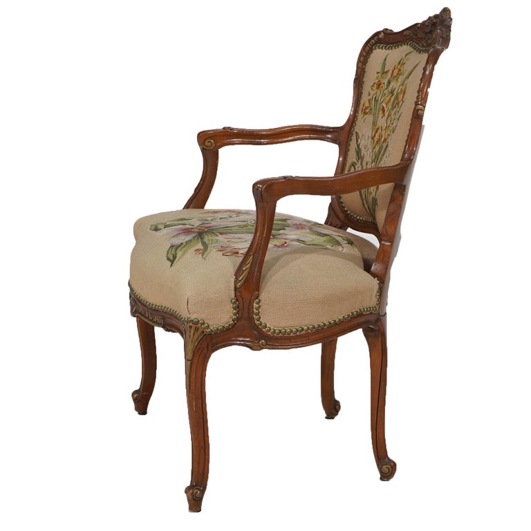 Antique French Rococo Style Parcel Gilt Mahogany, Tapestry Bergere Chair C1920