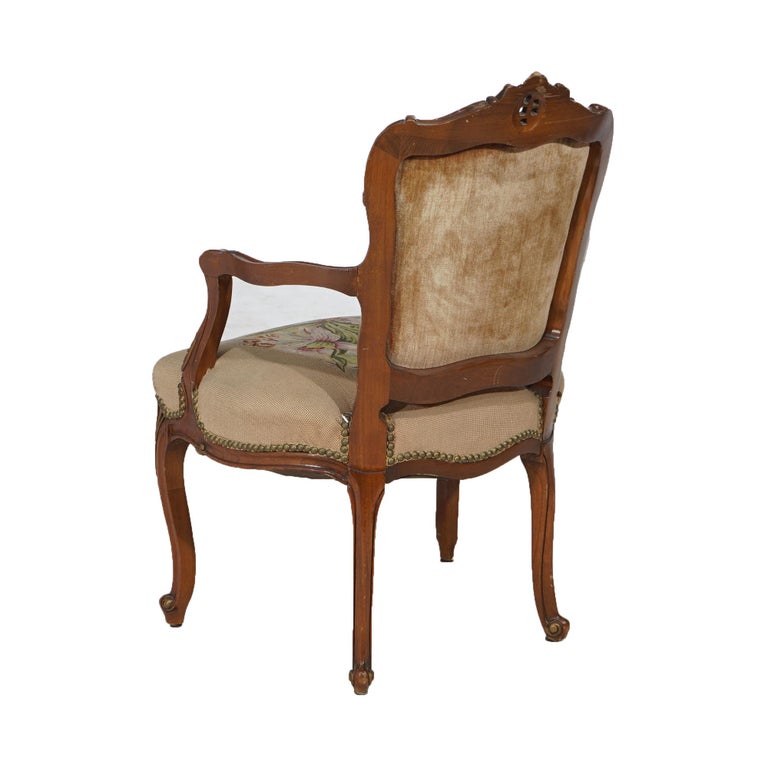 Antique French Rococo Style Parcel Gilt Mahogany, Tapestry Bergere Chair C1920
