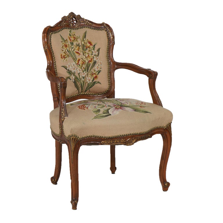 Antique French Rococo Style Parcel Gilt Mahogany, Tapestry Bergere Chair C1920