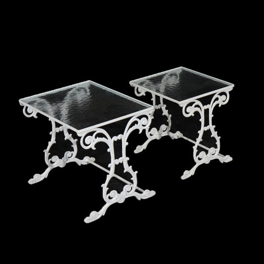 Two Painted Wrought Iron Glass Top Patio Side Tables 20th C