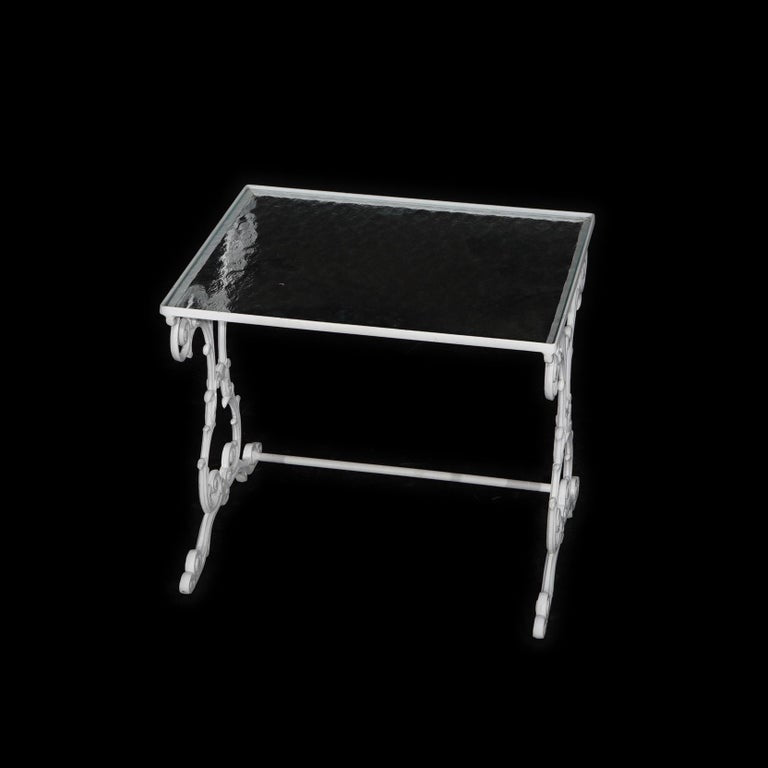 Two Painted Wrought Iron Glass Top Patio Side Tables 20th C