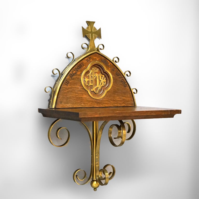 Antique Gothic Oak & Brass Communion Shelf 19thC