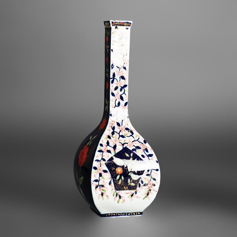 Pair of Antique Dresden Floral Decorated Porcelain Bottle Vases with Birds C1890