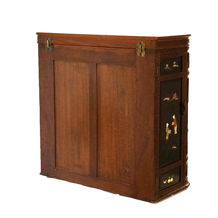 Vintage Japanese Chinoiserie Ebonized Mahogany and Inlaid Bar with Figures C1930