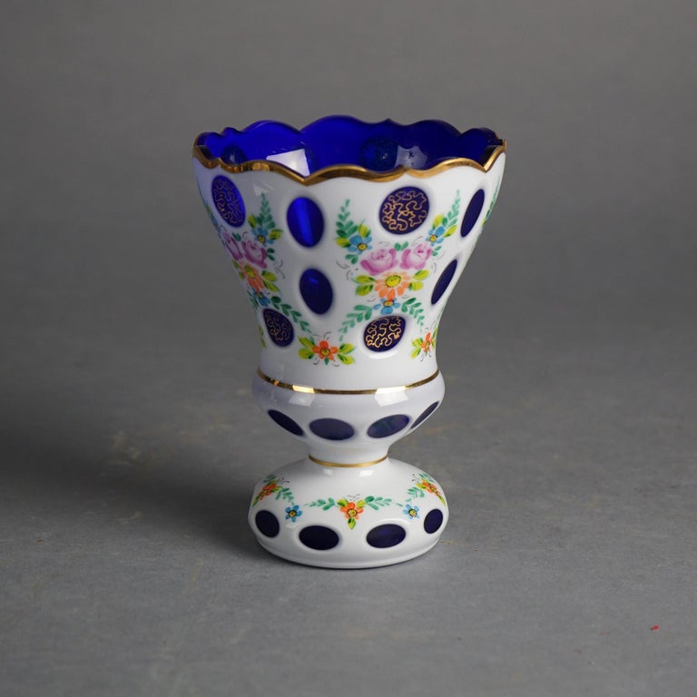 Bohemian Hand Painted & Gilt Cobalt Cut to Clear Glass Footed Vase 20thC