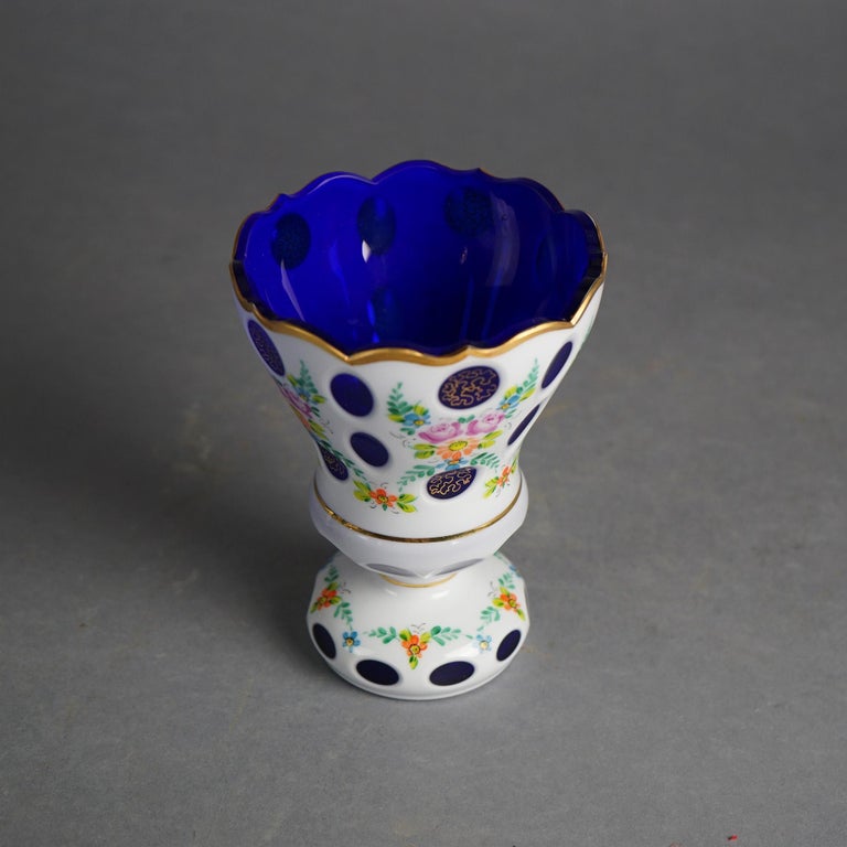 Bohemian Hand Painted & Gilt Cobalt Cut to Clear Glass Footed Vase 20thC