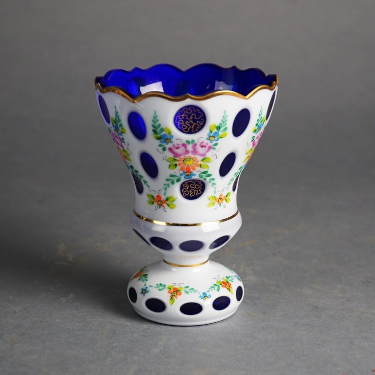 Bohemian Hand Painted & Gilt Cobalt Cut to Clear Glass Footed Vase 20thC