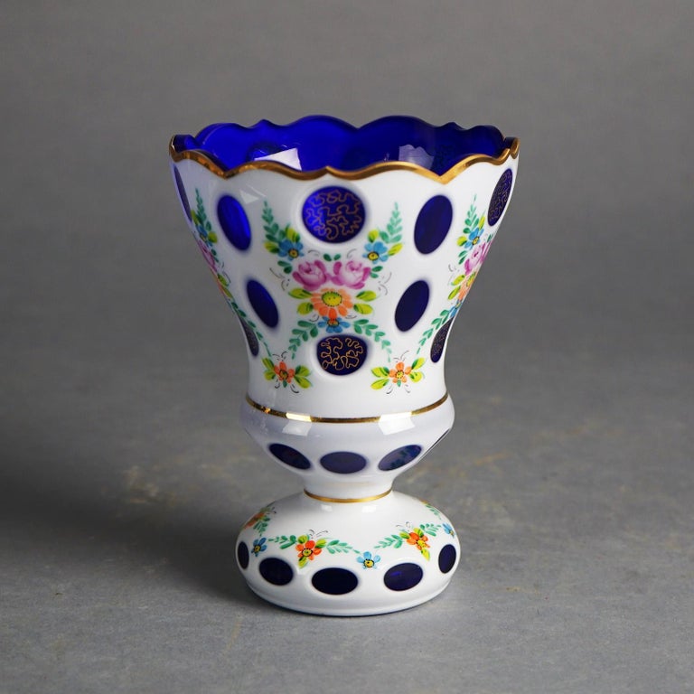 Bohemian Hand Painted & Gilt Cobalt Cut to Clear Glass Footed Vase 20thC