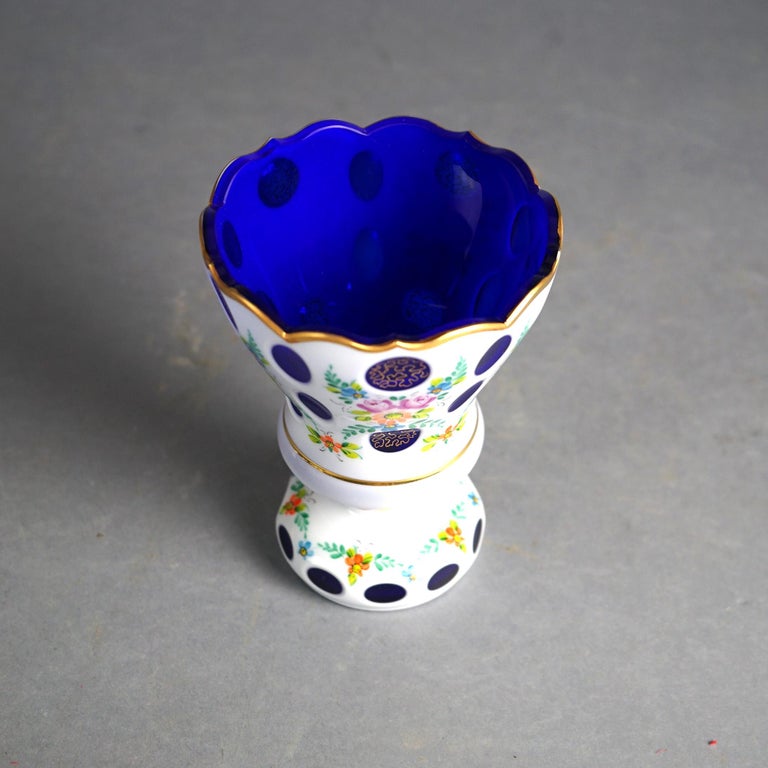 Bohemian Hand Painted & Gilt Cobalt Cut to Clear Glass Footed Vase 20thC
