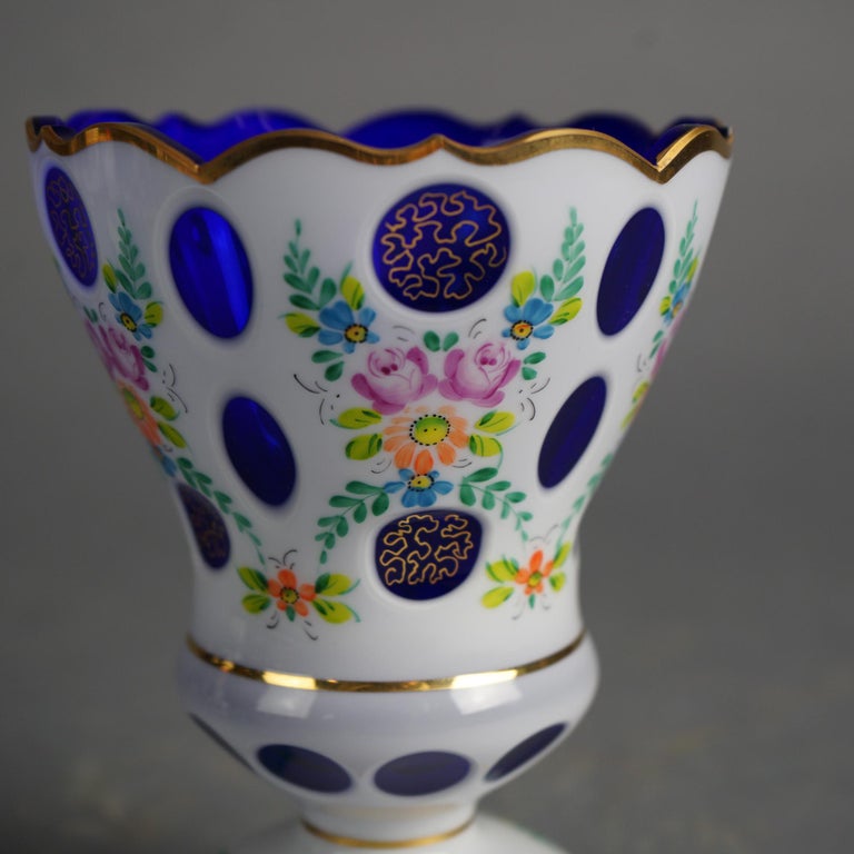 Bohemian Hand Painted & Gilt Cobalt Cut to Clear Glass Footed Vase 20thC