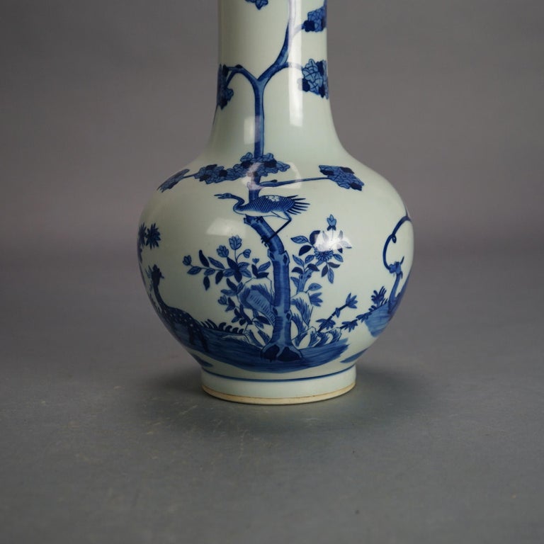 Chinese Blue & White Pottery Bottle Vase with Garden Scene & Deer 20thC
