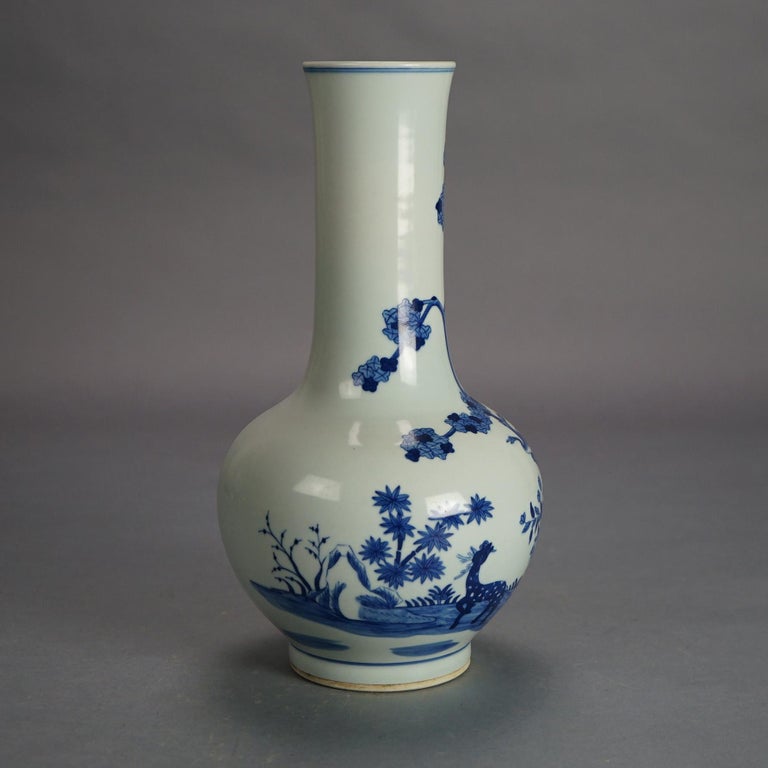 Chinese Blue & White Pottery Bottle Vase with Garden Scene & Deer 20thC