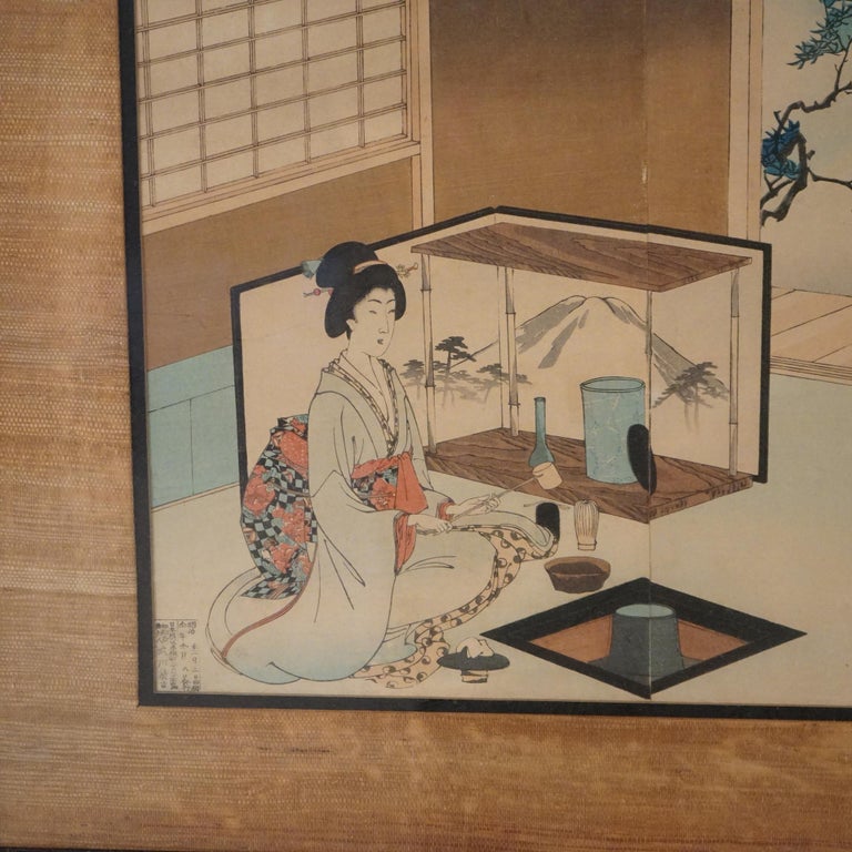 Antique Japanese Woodblock Triptych (3 Panel) Print by Toyohara, Framed, C1920