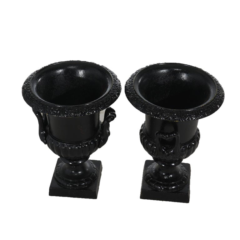 Pair Neoclassical Cast Iron Ribbed Melon-Bowl Double Handled Garden Urns 20thC