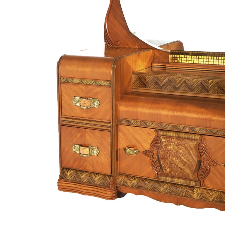 Vintage Waterfall Carved Satinwood Dressing Table with Bakelite Handles c1940