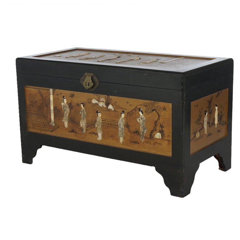 Antique Chinese Lacquered Ebonized & Gilt Blanket Chest with Mother of Pearl